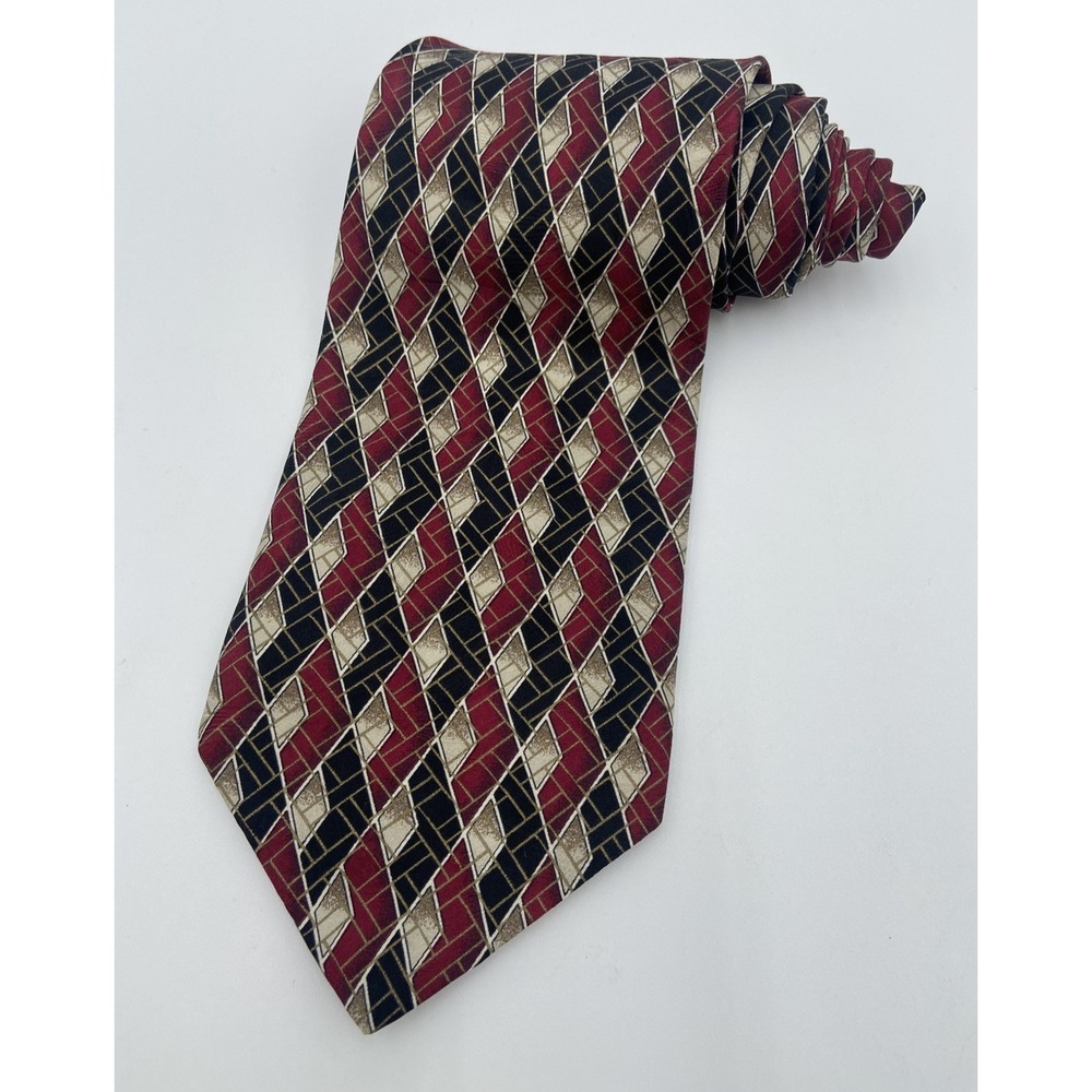 Men's Tie 100% Silk Strips Red Gold Geometric J Ferrar Designer Italy Made